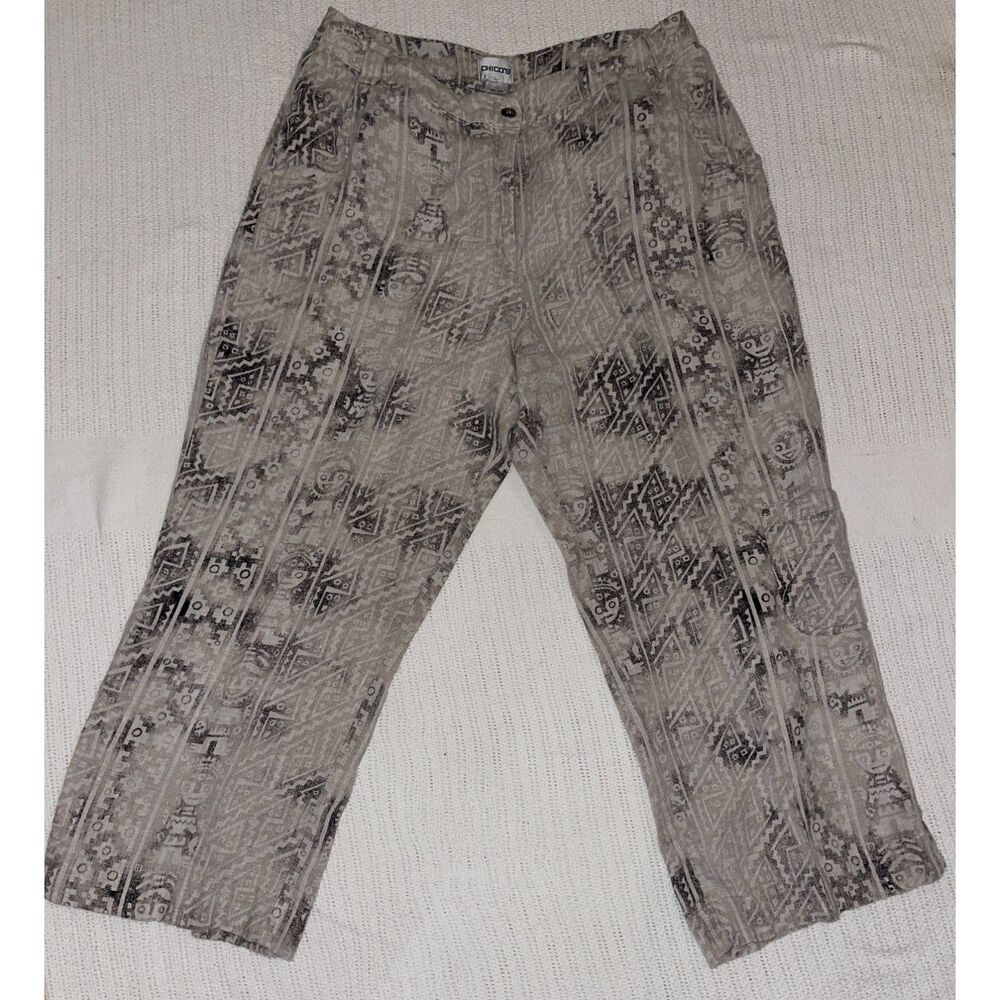 Chico’s Women's Linen Pants Sz 1.5 M (8/10) Tribal Aztec Boho African Print